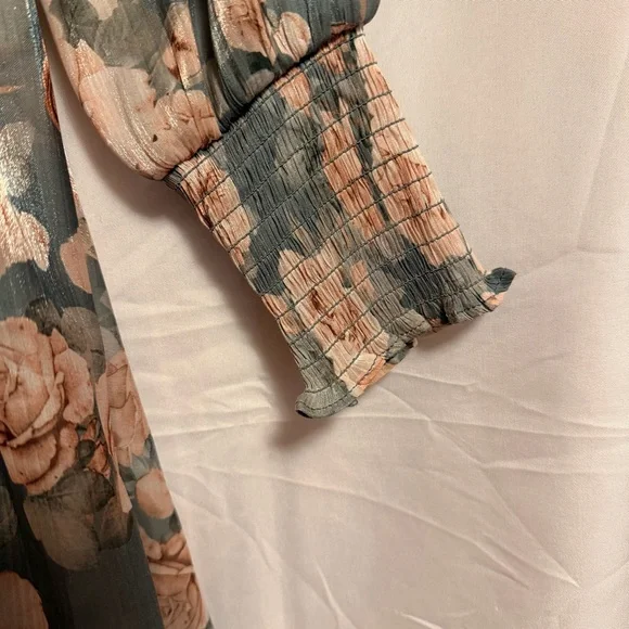 Altar'd State Floral Long Sleeve Dress in Teal and Cream - Picture 4 of 6